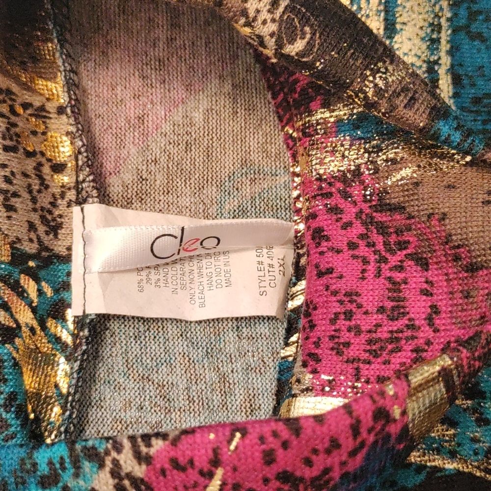Cleo Tops - Gold, magenta and teal long sleeve turtleneck crop top. Size- 2XL - Picture 3 of 4